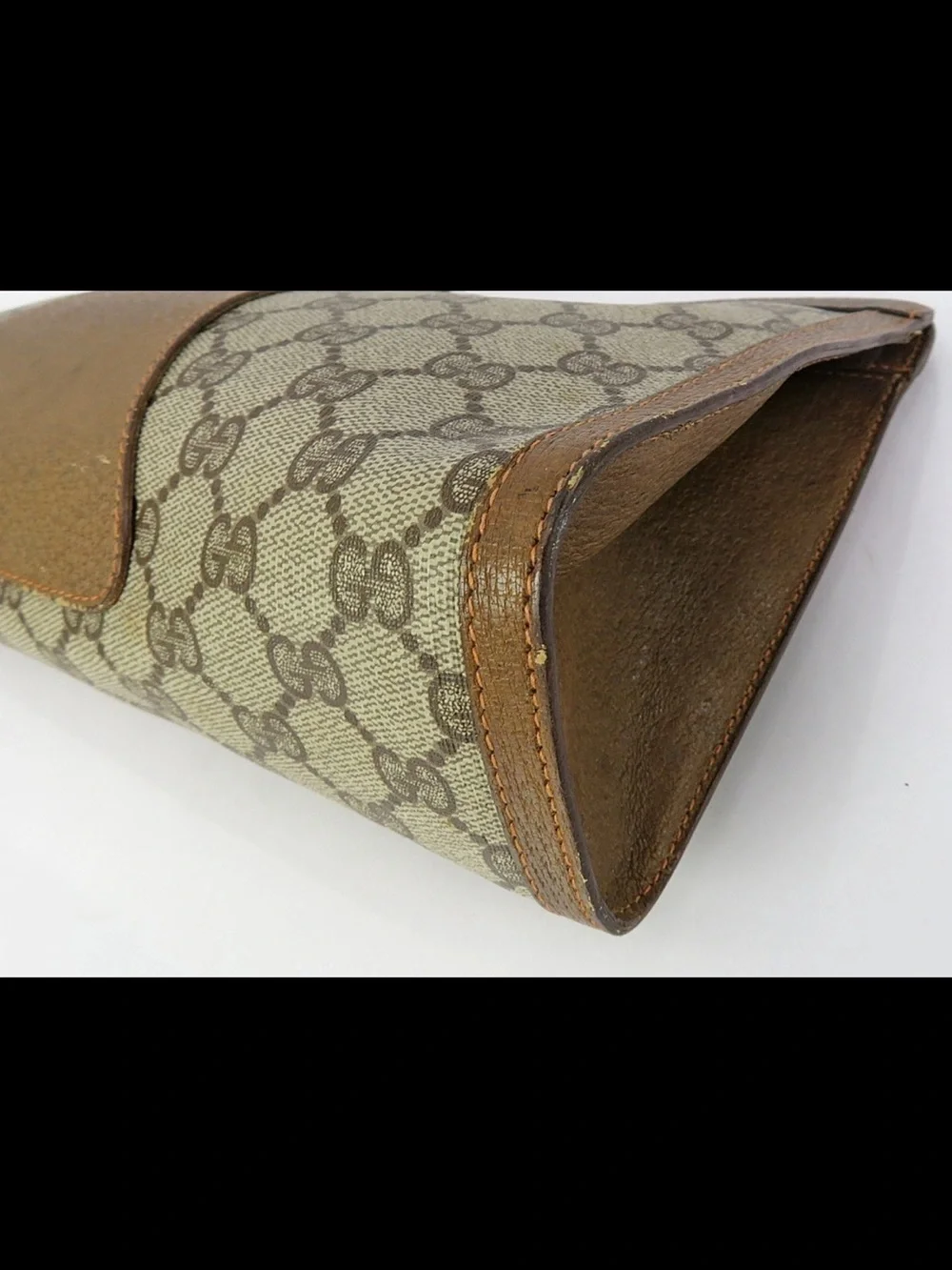 Gucci Beige GG Canvas and Brown Leather Clutch with Green-Red Web